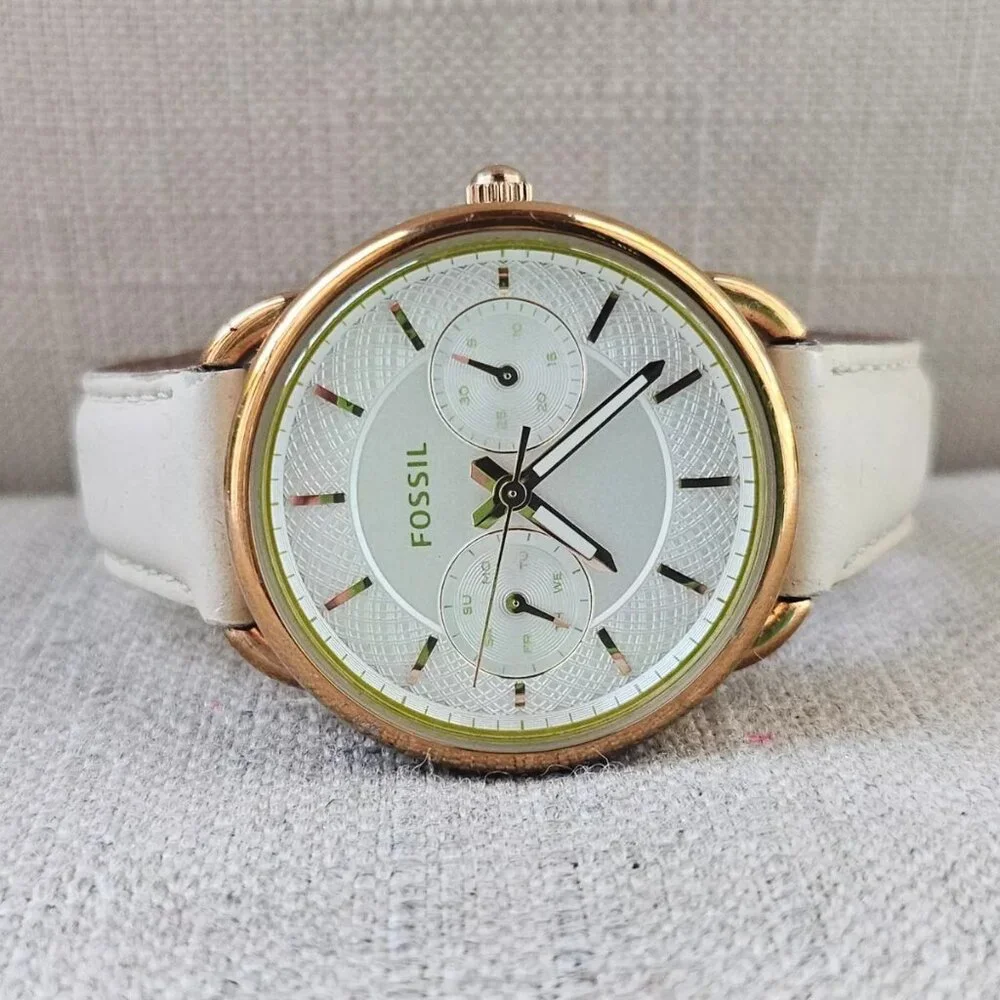 Fossil Women Wristwatch Multifunction Cream Leather Band Gold Tone Case Watch - Picture 1 of 12